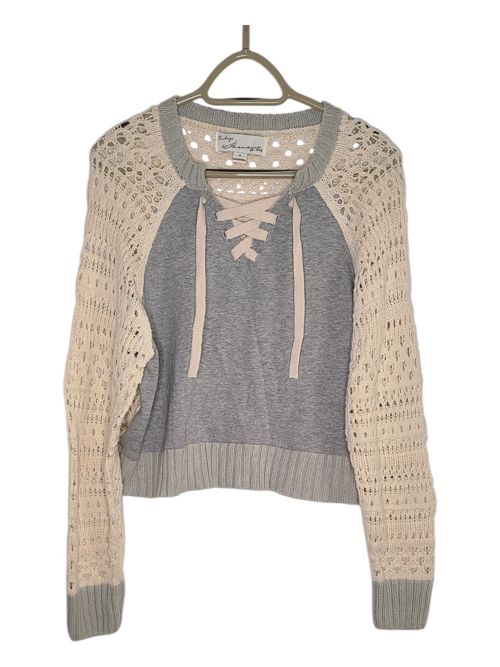 Vintage Havana Open Knit Crochet Sleeve Lace Up Cropped Sweater Gray Cream S